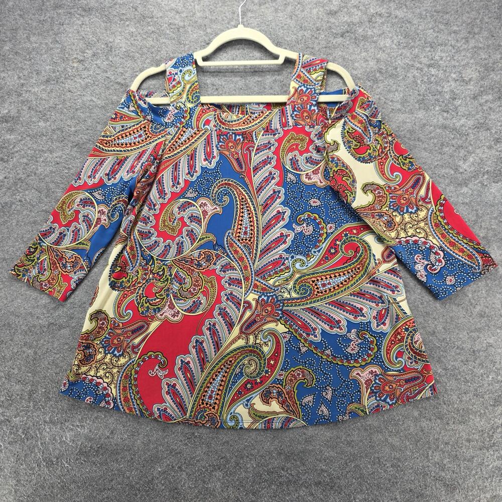 Chico's Shirt Womens Medium Multicolor Paisley Cold Shoulder 3/4 Sleeve Tunic
